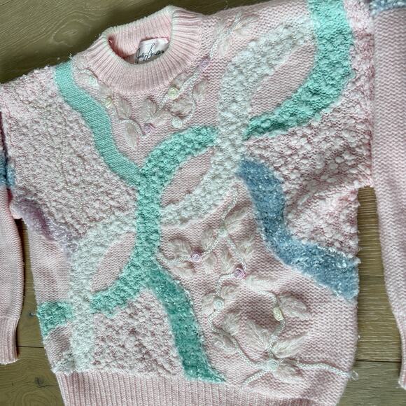 Vintage Joeclyn Smith 80's Floral Pearl Pastel Sweater Coquette Feminine Sz S - Picture 3 of 7